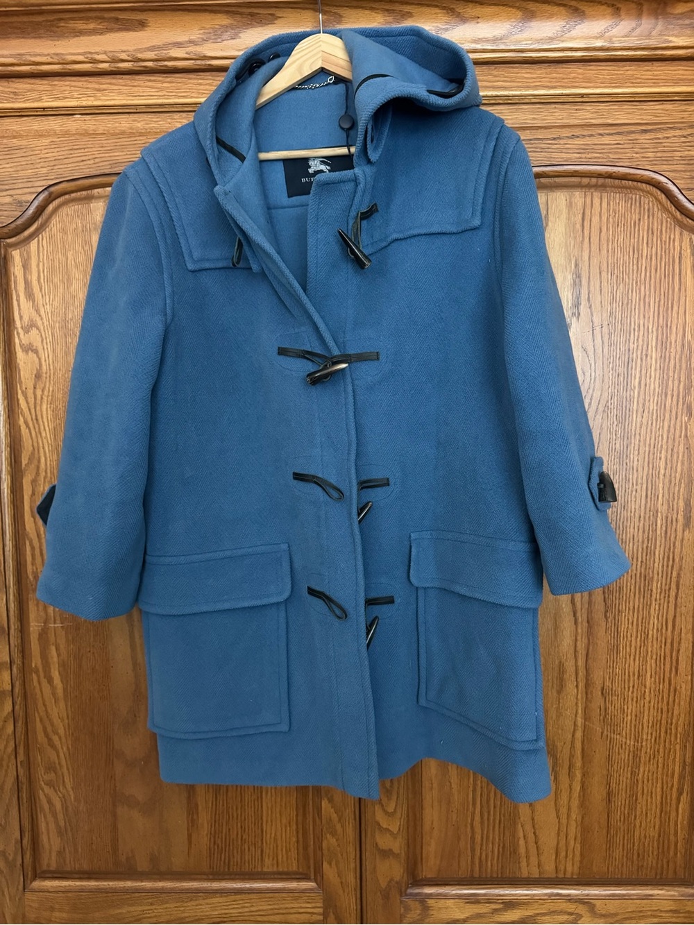 Burberry Blue Hooded Toggle Pea Coat
